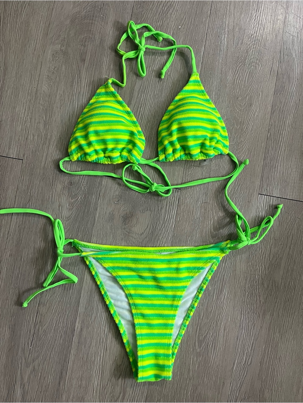 Neon Green & Yellow Striped Triangle Bikini Size medium